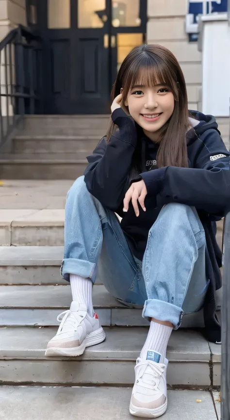 highest quality, Realistic, Very detailed, Finer details, High resolution, 8k wallpaper, One beautiful woman,Sit on the stairs、smile、、（Black socks） Oversized hoodie, Skinny jeans,（ sneakers）、Black Hair、 Beautiful Bangs、ear piercing、Perfect dynamic composit...