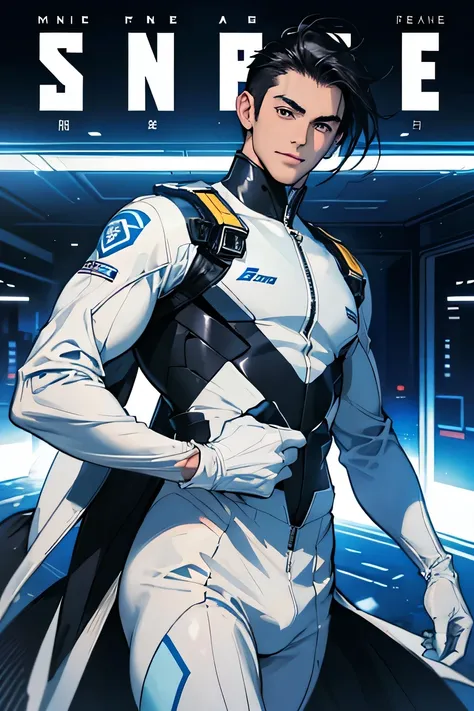 Handsome Men　Black hair, shaved, Japanese, 22 years old　　Science fiction　　Run at full speed　Short Hair　Looking at the camera while running　The man has nothing in his hands　Run at full speed white gloves　　A tight white and blue rubber suit　Futuristic tight ...