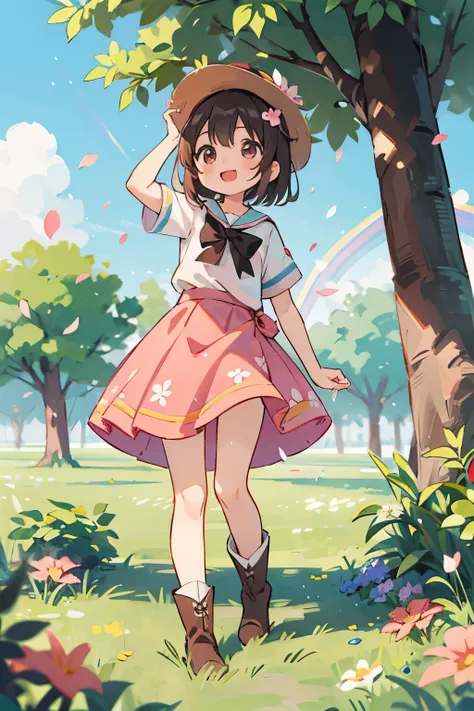 Photorealism、Octane Rendering、Park in the morning、Standing in front of the photo、1 Girl,whole body,Short Bob,,Boots,Brown short hair，Open your mouth，Show a bright smile、Kawaii pose、Flowing rainbow silk、Face、Eyes up、Colorcon Heart、Floral Skirt、There are eve...