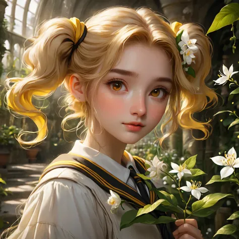 best quality, Masterpiece, Hogwarts students, Hufflepuff, I have short, raised twin tails., I have short, golden-blonde twin tails., serious, Very naughty, cute and bright, Freckles on the face, Hand holding a white jasmine flower, detailed brown eyes, det...