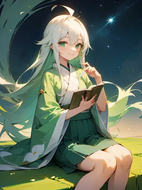 Anime girl sitting on a grass bench reading a book, Turquoise hair anime girl, anime art wallpaper 8k, Young Anime Girl, Anime Style 4k, anime art wallpaper 4k, White-haired God, anime art wallpaper 4k, Artjam and Athi Gairan, Wearing a green robe, Best An...