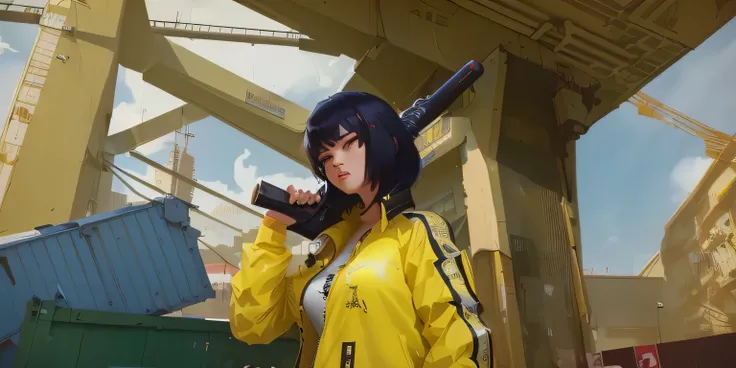 there is a woman holding a baseball bat in a yellow jacket, artwork in the style of guweiz, guweiz, badass anime 8 k, anime style 4 k, guweiz on artstation pixiv, g liulian art style, digital cyberpunk anime art, guweiz on pixiv artstation, mirrors edge ar...