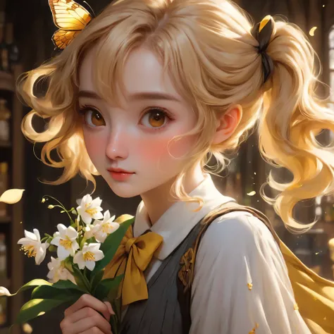 best quality, Masterpiece, Hogwarts students, Hufflepuff, I have short, raised twin tails., I have short, golden-blonde twin tails., serious, Very naughty, cutebright, Freckles on the face, Hand holding a white jasmine flower, detailed brown eyes, detailed...