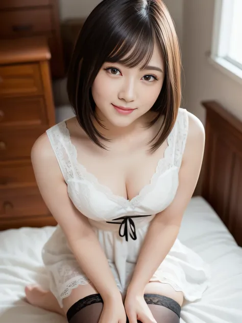 (highest quality:1.5)、(Real:1.5)、(1 person:1.5)、Wearing a dress and looking up at the camera、Angle from above、(Very detailed)、(High resolution)、8k、Small breasts、Natural color lip、Cute smile、Japanese women、20 year old girl、Thin eyebrows、Beautiful and elegan...