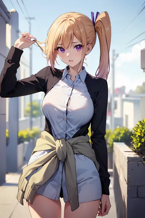 1girl, kawakami_mai, blonde hair, long hair, side ponytail, purple eyes,
BREAK (black sweater, blouse, cardigan, cardigan around waist, clothes around waist, collared shirt, dress shirt:1.2)
BREAK grab the girls waist, (standing:1.2), (motion_blur:1.2), (m...