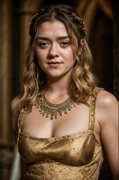 Foto RAW, Arya Stark, Extremely gorgeous lady, Arya Stark PLAYED BY MAISIE WILLIAMS, Queen Arya Stark, she  a mature woman now, milf, sexy mediaeval battle dress, gladiator woman, body, 40 years old Woman, Roman slave dress, cotton dress, busty mediaeval c...