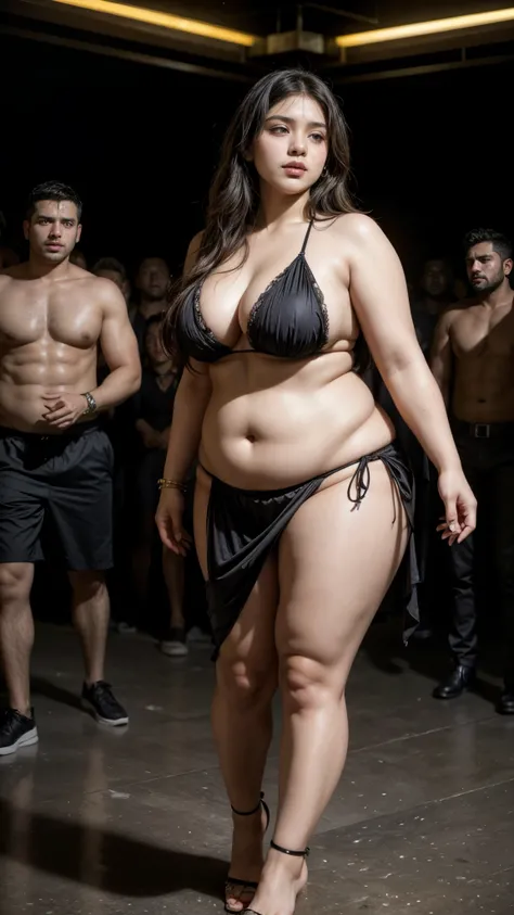 Thick , Curvy,fair beautiful indian girl in black bikini belly dancer dress surrounded by male crowd , male crowd in the background, thick thighs , night in a jail , plumb, erotic , full body shot