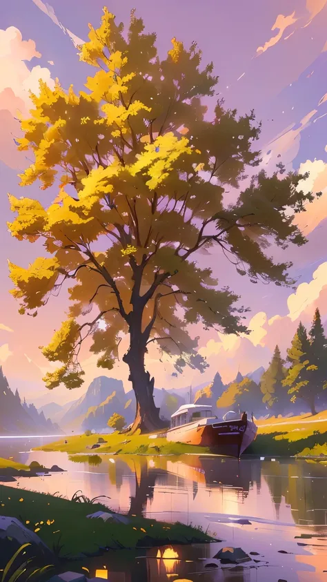 painting of a boat on a river with a tree in the background, relaxing concept art, ross tran. scenic background, by sylvain sarrailh, scenery artwork, silvain sarrailh, bussiere rutkowski andreas rocha, concept art | rhads, makoto shinkai cyril rolando, pe...