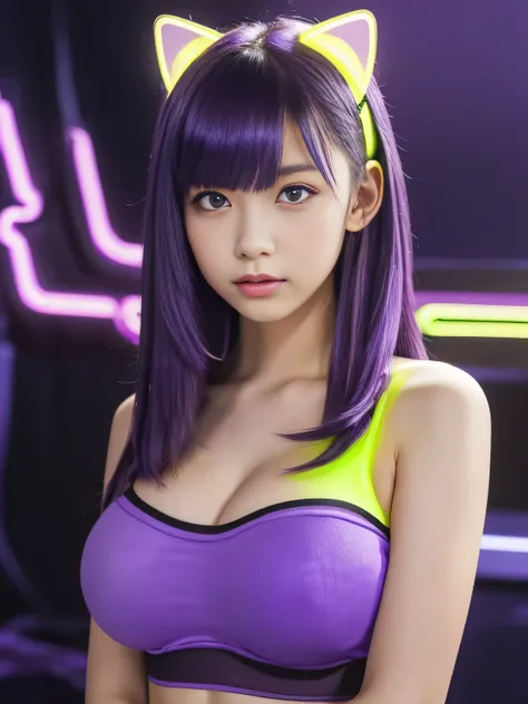 ,13 years old, junior high school girl, (huge breasts:1.4)、(Neon Purple Theme:1.2), masterpiece, highest quality, 4K, (Realistic), Bokeh, Awareness-raising,(1 perfect portrait of a girl), (A fascinating eye for perfect detail:1.2), Colorful Hair, (Gradient...