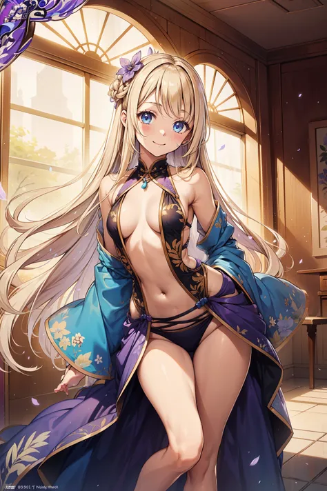 teenage girl,best quality,Holy,Obsessed，Seductive pose，blond，Blue eyes，having fun，in love，Light colored dress，A small amount of lilac cloth，embroidery，pattern，Exquisite clothes，Transparent Clothes，Swimwear，In the room，The only person，(Flowing skirt:1.1)