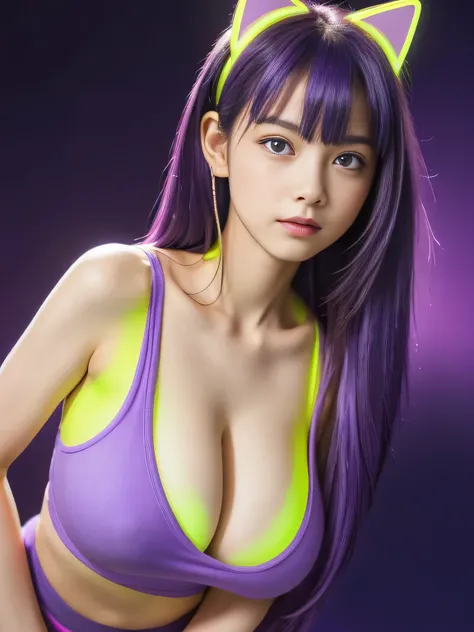 ,13 years old, junior high school girl, (huge breasts:1.4)、(Neon Purple Theme:1.2), masterpiece, highest quality, 4K, (Realistic), Bokeh, Awareness-raising,(1 perfect portrait of a girl), (A fascinating eye for perfect detail:1.2), Colorful Hair, (Gradient...