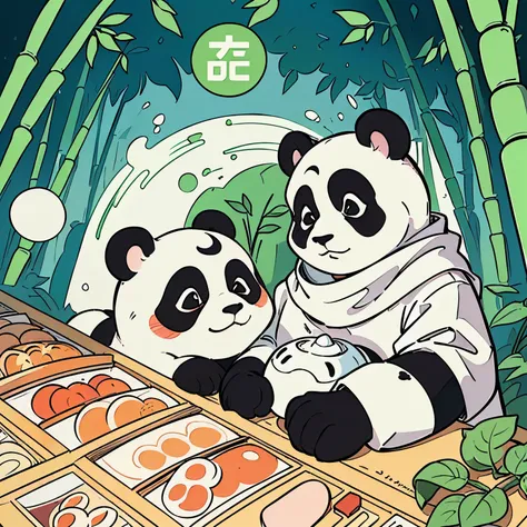 Masterpiece, coloring-book, line art, perfect line art, comic style, panda village, many pandas in bamboo-forest