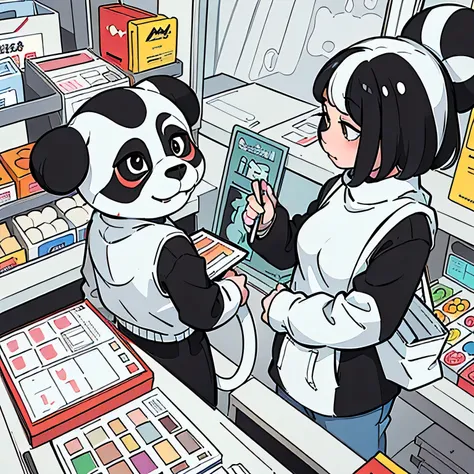 Masterpiece, coloring-book, line art, perfect line art, comic style, anthro pandas shopping, anthropomorphic, black and white