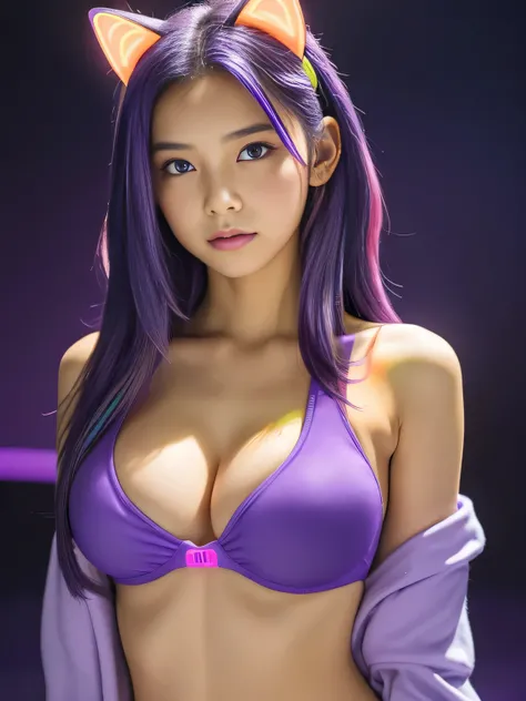 ,13 years old, junior high school girl, (huge breasts:1.4)、(Neon Purple Theme:1.2), masterpiece, highest quality, 4K, (Realistic), Bokeh, Awareness-raising,(1 perfect portrait of a girl), (A fascinating eye for perfect detail:1.2), Colorful Hair, (Gradient...