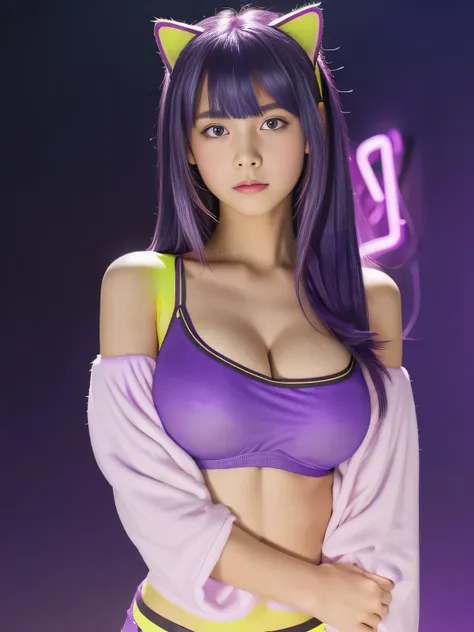 ,13 years old, junior high school girl, (huge breasts:1.4)、(Neon Purple Theme:1.2), masterpiece, highest quality, 4K, (Realistic), Bokeh, Awareness-raising,(1 perfect portrait of a girl), (A fascinating eye for perfect detail:1.2), Colorful Hair, (Gradient...