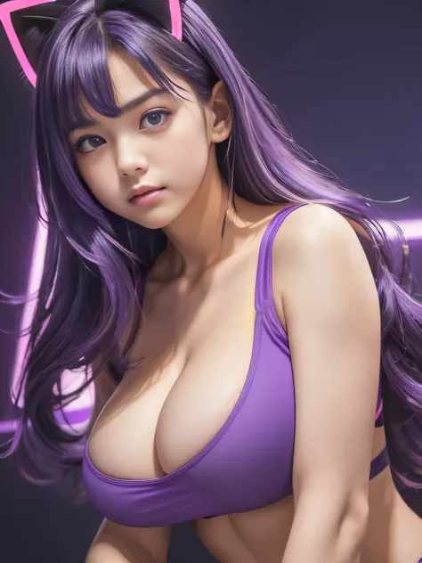 ,13 years old, junior high school girl, (huge breasts:1.4)、(Neon Purple Theme:1.2), masterpiece, highest quality, 4K, (Realistic), Bokeh, Awareness-raising,(1 perfect portrait of a girl), (A fascinating eye for perfect detail:1.2), Colorful Hair, (Gradient...