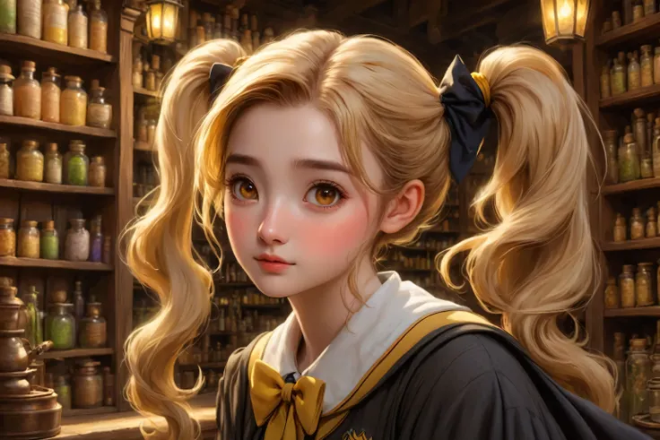 best quality, Masterpiece, Hogwarts students, Hufflepuff, I have short, raised twin tails., I have short, golden-blonde twin tails., serious, Very naughty, cutebright, Freckles on the face, detailed brown eyes, detailed face, Fine skin, realistic light, my...