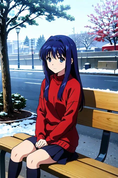 masterpiece, best quality, (minase nayuki), outdoor, it's snowing, she sit on a bench, she waits for someone, she wore a red swe...