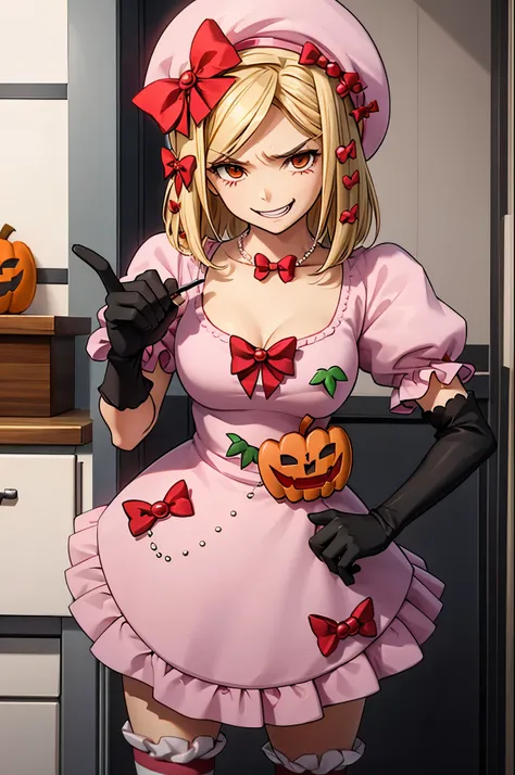 Lambdadelta, dress, bow, red shoes, striped stockings, red bow, pink hat, necklace, gloves, pearl, pumpkin standing ballroom, looking at viewer, cleavage, evil smile, holding kitchen knife, blood, mean look, 