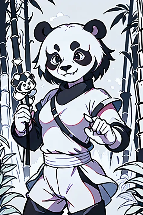 Masterpiece, coloring-book, lineart, perfect lineart, comic style, Kungfu panda-bear holding bamboo staff