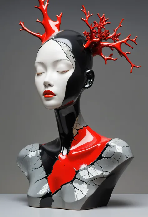 ((exhibit,Still Life Table,Artistic statues,3D Sculpture,ceramics,Surface cracks,Shattered Texture)), grace,Slender neck,Show the beauty of nature.Black and red theme,Red coral,Artistic Creativity:1.37.Kaneko,Golden powder, This artwork is presented on a g...