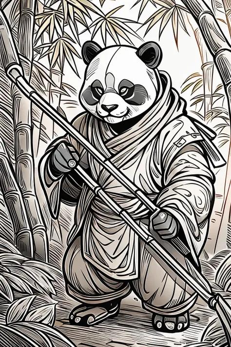 masterpiece, coloring-book, lineart, perfect lineart, comic style, ninja panda holding bamboo staff