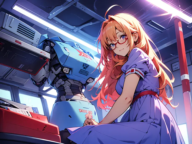 anime,An illustration,purple robot,Mobile Suit,Dom,Light blue check dress,Red glasses,Blonde,Light blue mesh hair,beautiful girl,Sora Sakurano,one person