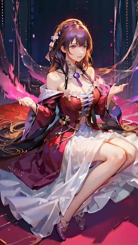 (highest quality, High resolution), Glowing Eyes, Delicate facial features, Vibrant colors, Dreamy atmosphere, Fantasy Theme, Floral Background, Graceful Movement, Detailed clothing, loose fitting dress, Elegant fashion, Magic lighting, Mysterious Aura, He...