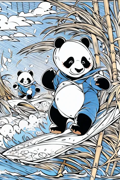 masterpiece, coloring-book, panda bears surfing on bamboo beach, line art, bold lineart