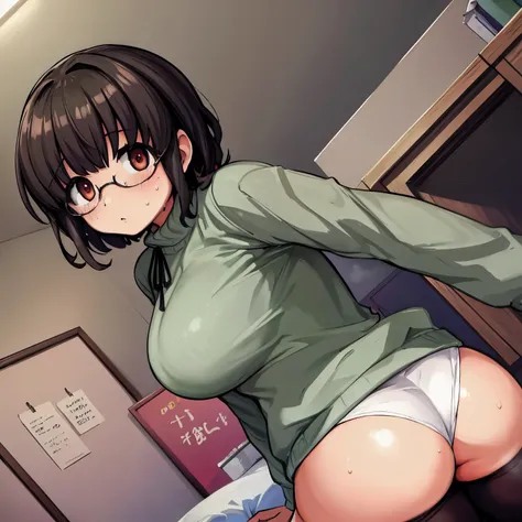 highest quality,(8K Portrait),(Official Art)、obesity、((short hair))、blush,((dark hair)),(Sweat),Black knee socks、One Woman,((:is))、hot、Office Room、Glasses、Thick thighs, Such an ass, Liar, Open crotch, Dettol, Down the Out、(Dynamic pose)、isらしない身体、Dynamic An...