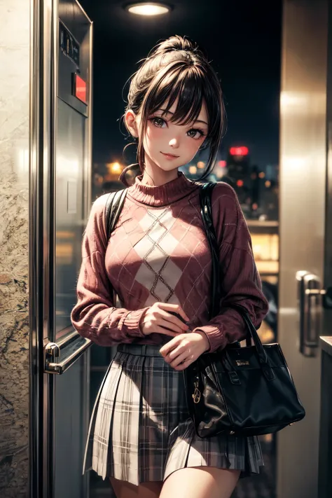 very cute and beautiful girl,(highly detailed beautiful face), (seductive smile),looking up,looking at viewer,(argyle pattern sweater),cowboy shot,(white and pink plaid skirt), standing in luxury elevator in hotel,night city view,holding tote bag,black hai...