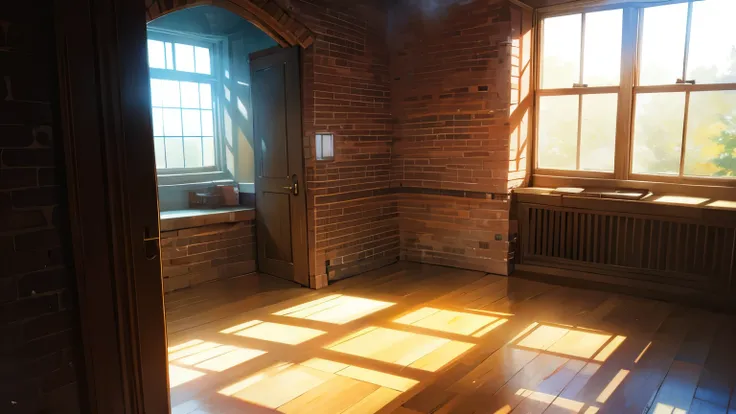 Room in a brick building、Light coming in through the window。