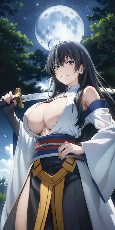 (black hair, long hair:1.3), yukinoshita yukino, curvy, ((anatomically correct:1.3)), heavy breathing, huge breasts, epic art, fantasy, breast press, night, sword, weapon, 1girl, katana, night_sky, solo, japanese_clothes, sky, breasts, large_breasts, cleav...