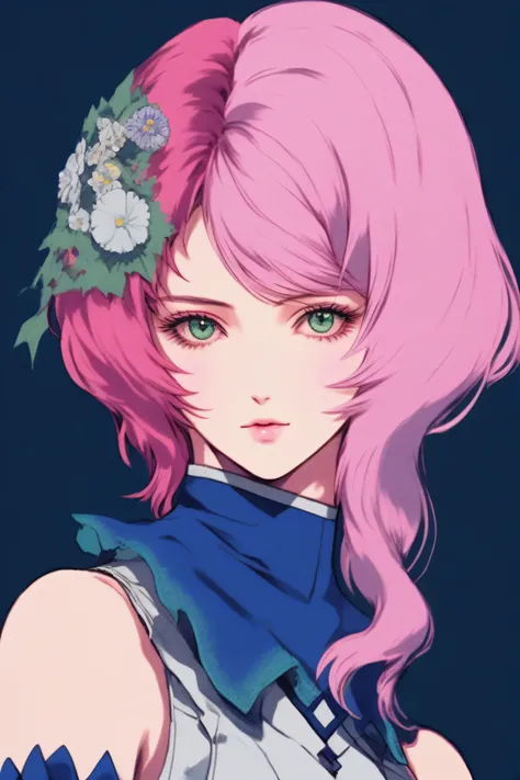 Alisa bosconovitch, melhor qualidade, contemporary, estilo plano, minimalismo, Ilustra??o plana de olhos verdes, cabelo rosa, cabelo curto, cabelos multicoloridos, Camisa Preta, mechanical wings, Close-U head portrait, peito pontudo, decote, super decote, ...