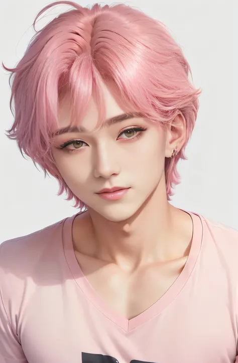 (((Close-up image of only the face of young single very handsome 19 year old man, o homem mais bonito do mundo!!))) ((hair is short hot pink))), ((His skin is very white like that of a vampire)), ((olhos grandes e cor rosa como os de um personagem de anime...