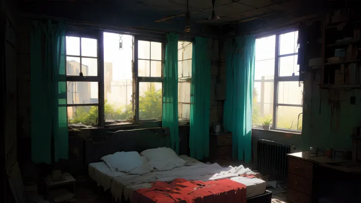 Dilapidated bedroom，A bed，A window，curtain，Dark environment