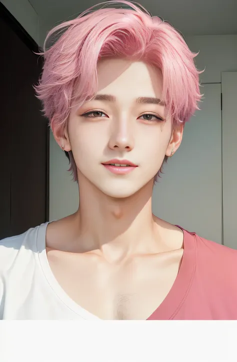 (((Close-up image of only the face of young single very handsome 19 year old man, o homem mais bonito do mundo!!))) ((hair is short hot pink))), ((His skin is very white like that of a vampire)), ((olhos grandes e cor rosa como os de um personagem de anime...