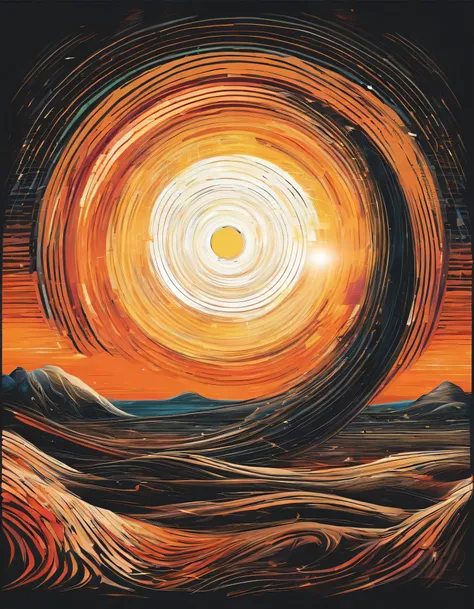 √(2×4)+5^(2), black hole sun, desert panorama, digital art