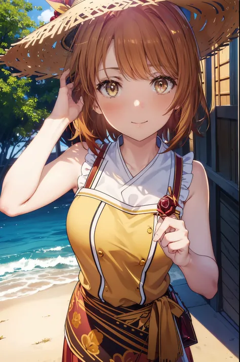 irohaisshiki, Isshiki Iroha, Short Hair, Brown Hair, (Brown ruby eyes:1.5), Sleeveless yellow dress,Yellow long skirt,Cute Sandals,Straw hat,happy smile, smile, Open your mouth,Daytime,Clear skies,True Summer,whole bodyがイラストに入るように,
break outdoors ,公園
break...