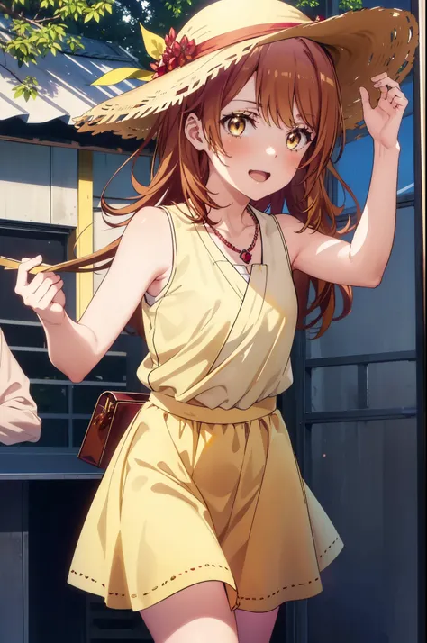 irohaisshiki, Isshiki Iroha, Long Hair, Brown Hair, (Brown ruby eyes:1.5), Sleeveless yellow dress,Yellow long skirt,Bare neck,Locket Necklace,Cute Sandals,Straw hat,happy smile, smile, Open your mouth,Daytime,Clear skies,True Summer,whole bodyがイラストに入るように,...