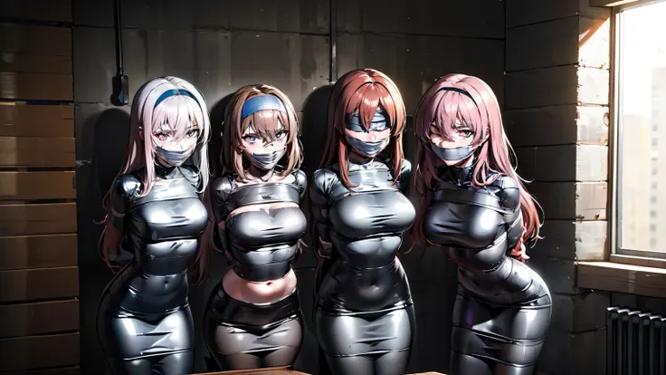 ((imprisoned in a warehouse)), ((4 women)), duct tape, duct tape gagged, mummification, arms behind back, (highly detailed cg un...