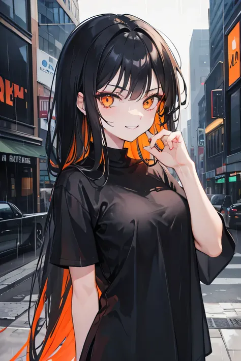 orange eye, black hair, Grin emotion, Black shirts, in city, Chilling, Rain, Night, Woman, long hair,