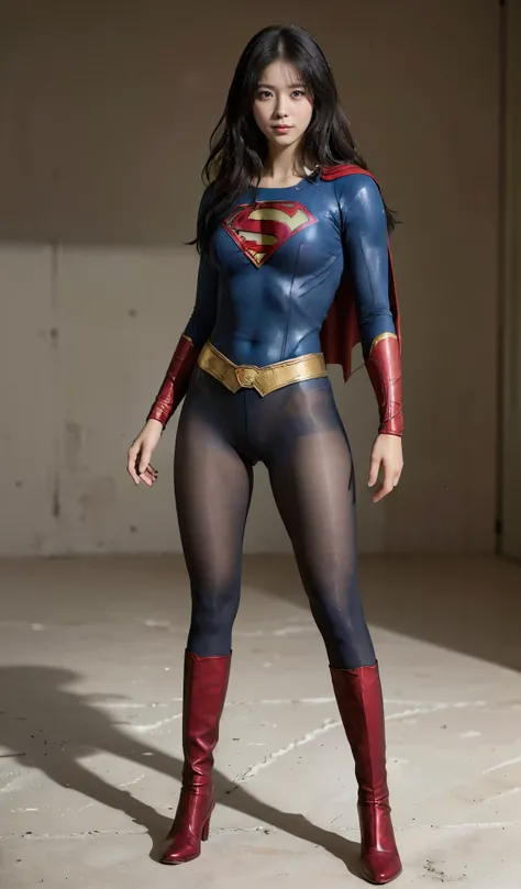 No background、(((Beautiful legs in black tights.)))、(((Legally express the beauty of your smile)))、((((Make the most of your original images)))、(((Supergirl Costume)))、(((Beautiful Hair)))、(((suffering)))、(((Please wear black tights....、Wear red boots)))、(...