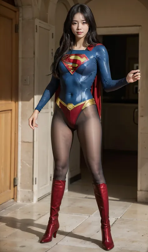 No background、(((Beautiful legs in black tights.)))、(((Legally express the beauty of your smile)))、((((Make the most of your original images)))、(((Supergirl Costume)))、(((Beautiful Hair)))、(((suffering)))、(((Please wear black tights....、Wear red boots)))、(...