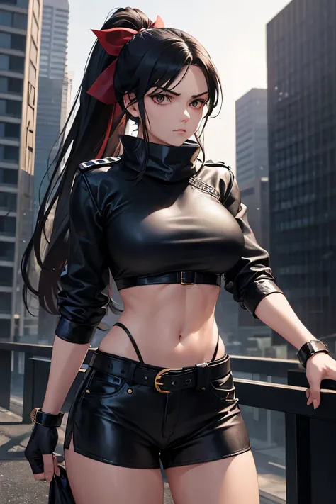 off her shirt as she clenched her fists tightly, a determined look in her eyes. Over her shirt, she donned a thick leather jacket, its sleeves rolled up to reveal the defined muscles in her forearms. A black belt cinched her waist, and around her neck hung...