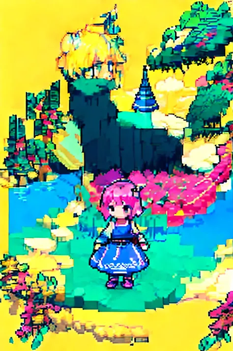 pixel art, girl, pink short hair, blue dress, yellow shoes, blue patterns, fair skin, pixel style，Some