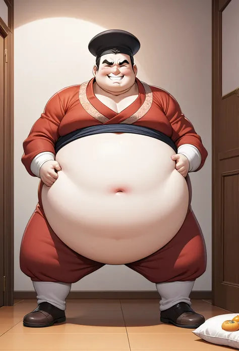 The manhwa character is a man with a sweet face and a big belly. The background is a bedroom.