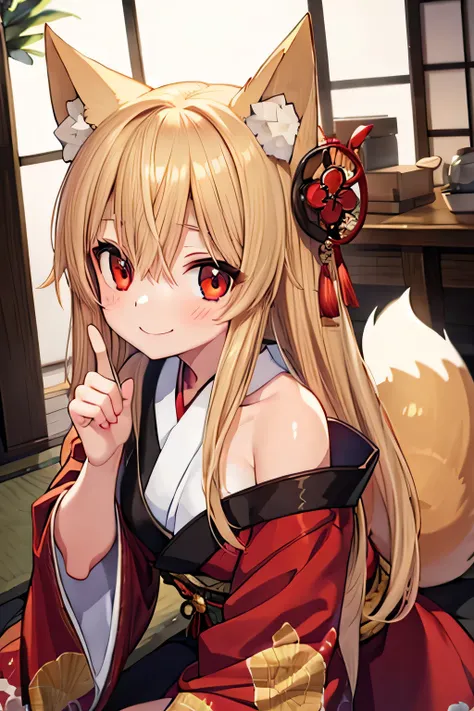 highest quality、smile、Fox ears、Long blonde、Red Eye、kimono、Japanese-style room