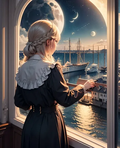 View of the harbor from the Titanic、A city with a view of the sea、moon、The moonlight with a halo、Yellow moon、The scenery is of a 1940s townscape.、