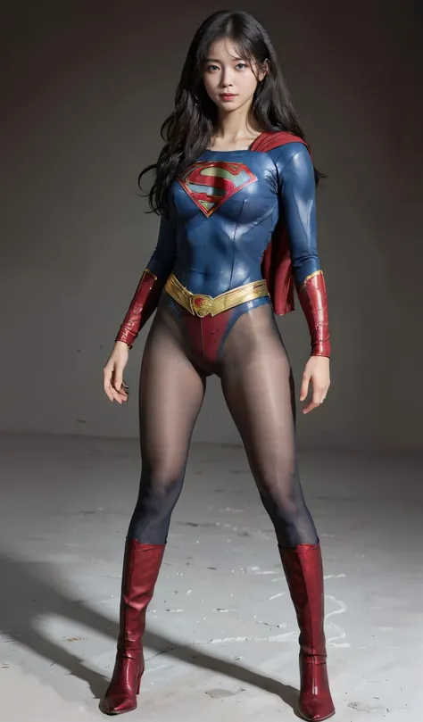 No background、(((Beautiful legs in black tights.)))、(((Legally express the beauty of your smile)))、((((Make the most of your original images)))、(((Supergirl Costume)))、(((Beautiful Hair)))、(((suffering)))、(((Please wear black tights....、Wear red boots)))、(...